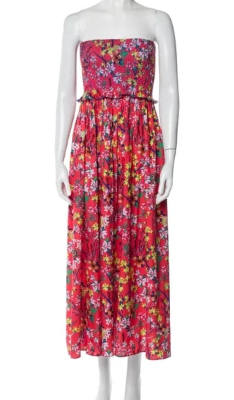Loretta Caponi Luisa Smocked Strapless Floral Red Tropical Midi Dress Tuckernuck